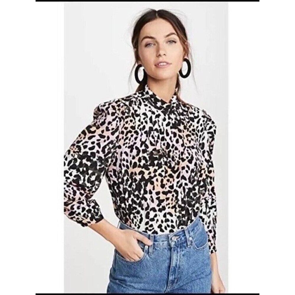 Veronica Beard Woman's Sz 2 Lety Leopard Animal Print Watercolor Silk Blouse - Picture 2 of 8